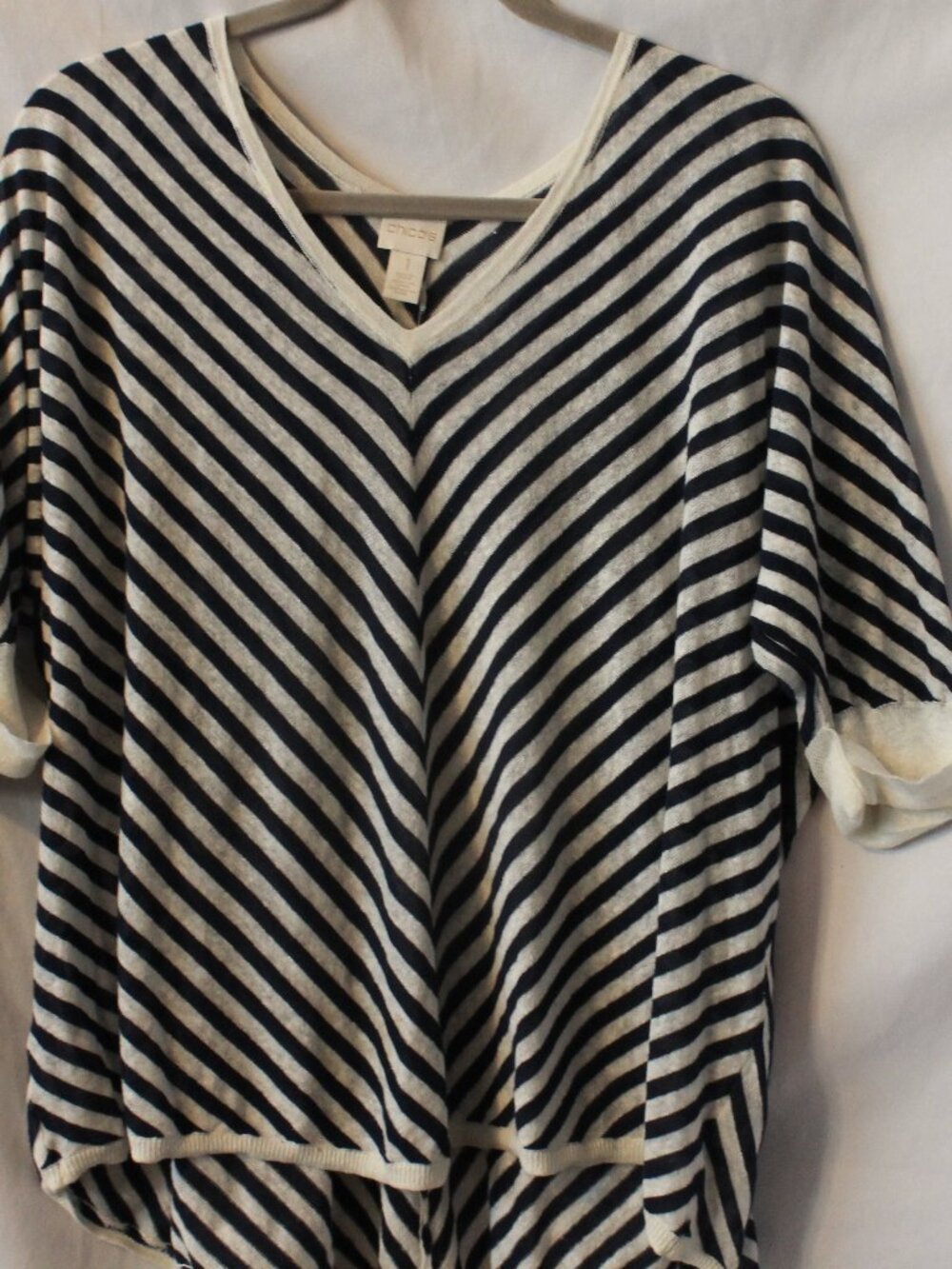 Chico's Navy Blue & Ivory White Chevron Striped V-Neck Oversized Linen Top